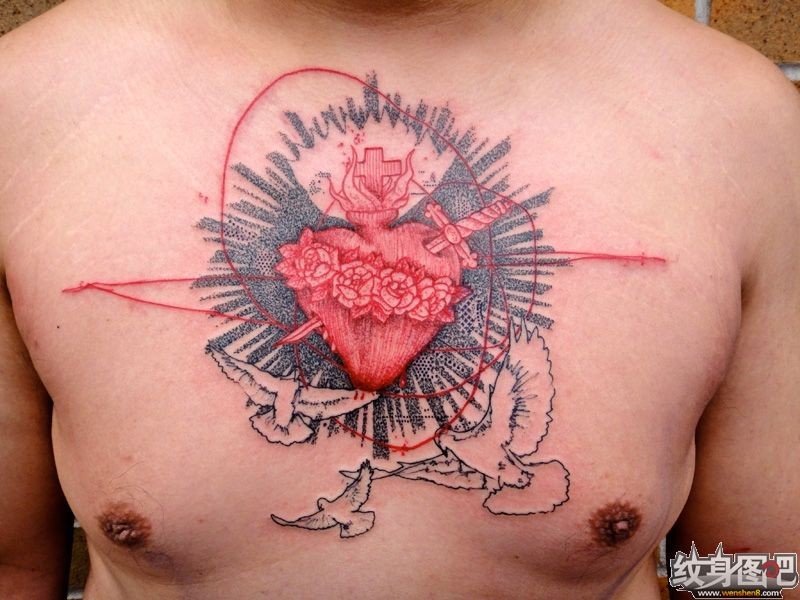 点击大图看下一张：胸部心形英文欧美刺青图2