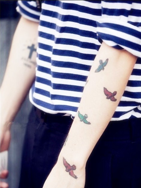 点击大图看下一张：男人手臂彩色鸽子漂亮意境刺青