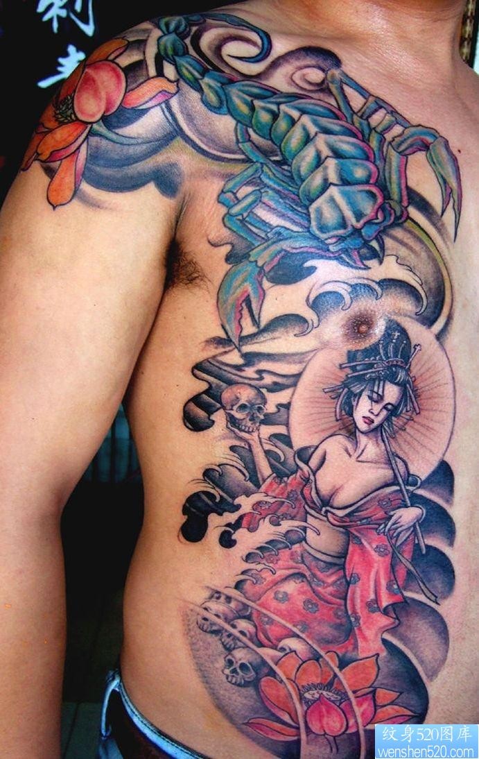 点击大图看下一张：腹部蝎子古典美女纹身图案（经典）