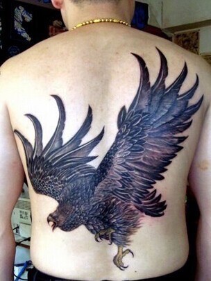 点击大图看下一张：男性背部老鹰纹身
