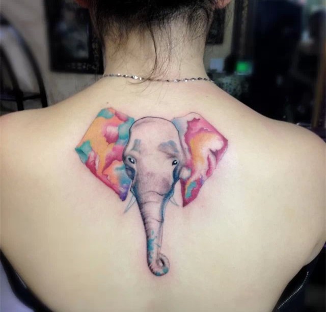 点击大图看下一张：女生背部多彩大象纹身