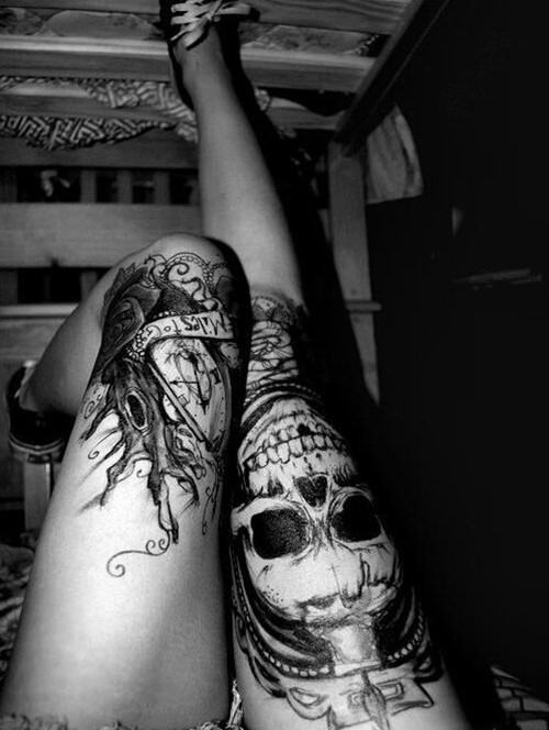 点击大图看下一张：女生大腿上个性的骷髅纹身图4
