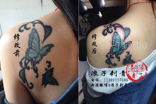 点击大图看下一张：女生背部蝴蝶纹身