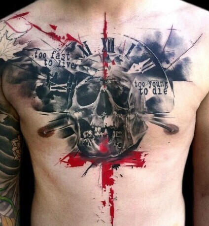 点击大图看下一张:男士胸部帅气时尚的水墨骷髅纹身图3