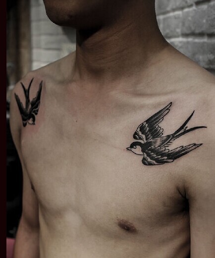 点击大图看下一张：时尚人士的胸部双燕纹身