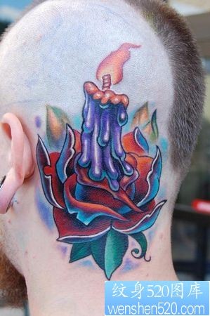 点击大图看下一张：头部纹身图片：头部彩色蜡烛玫瑰纹身图片纹身作品