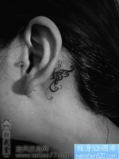 点击大图看下一张：女孩子喜欢的耳部图腾蝴蝶纹身图片