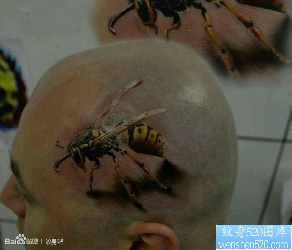 点击大图看下一张：男生头上一幅写实蜜蜂纹身图片