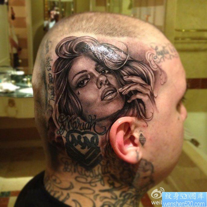 点击大图看下一张：一幅头部女郎纹身图片由纹身520图库推荐