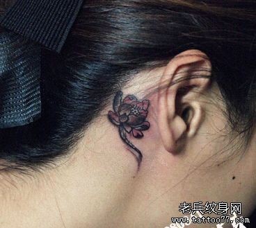 点击大图看下一张：女孩子耳部一幅小莲花纹身图片