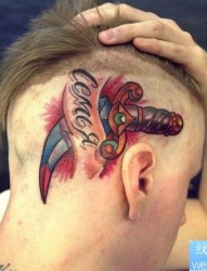 男人头部经典超酷的匕首纹身图片