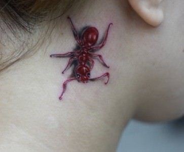 点击大图看下一张：颈部纹身图片：颈部彩色蚂蚁纹身图片纹身作品