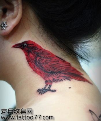 点击大图看下一张：颈部彩色乌鸦纹身图片