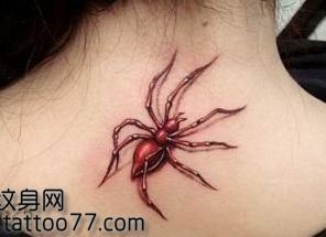 点击大图看下一张：经典的颈部蜘蛛纹身图片