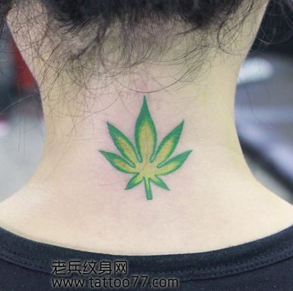 点击大图看下一张:美女颈部彩色树叶纹身图片