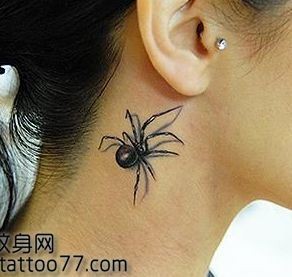 点击大图看下一张：美女脖子处帅气的蜘蛛纹身图片