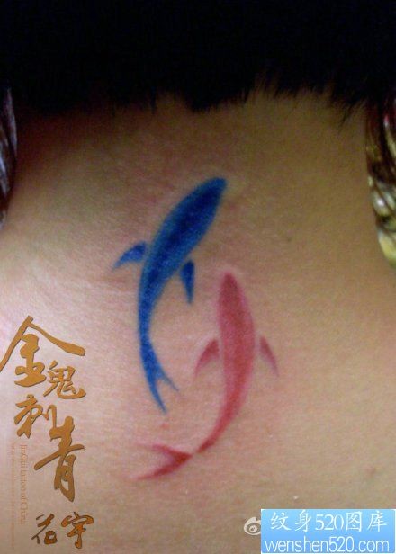 点击大图看下一张：女人脖子处彩色小鱼纹身图片
