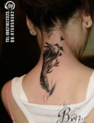 女人后脖子潮流时尚的羽化燕纹身图片