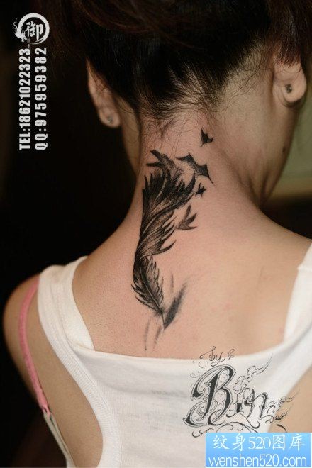 点击大图看下一张：女人后脖子潮流时尚的羽化燕纹身图片