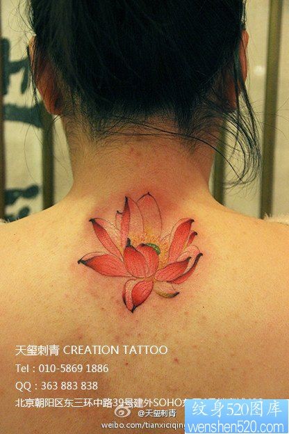 点击大图看下一张：女人后脖子精美漂亮的彩色莲花纹身图片