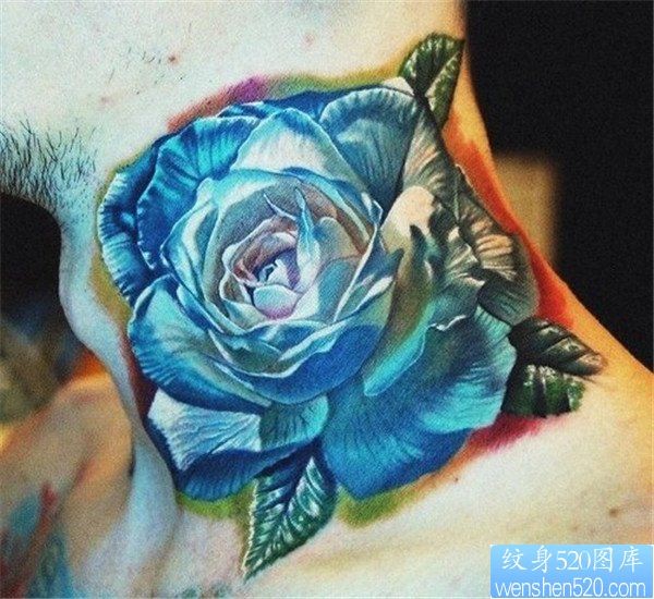 点击大图看下一张：脖子彩色玫瑰花纹身图案