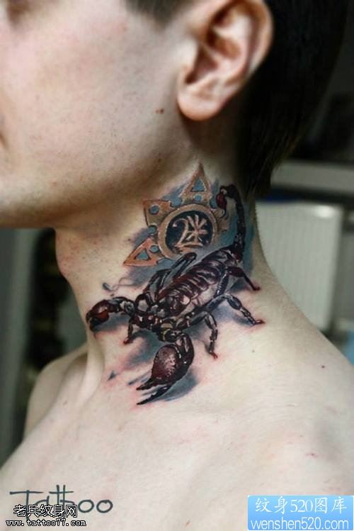 点击大图看下一张：一款脖子蝎子纹身图案