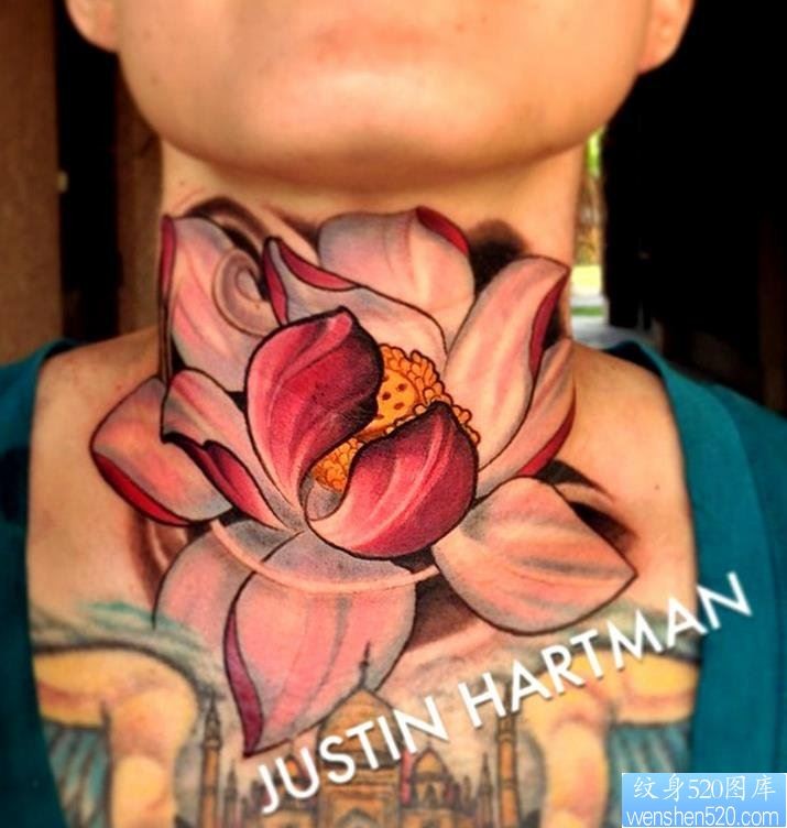 点击大图看下一张：脖子彩色莲花纹身图案