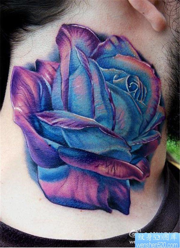 点击大图看下一张：一款脖子彩色玫瑰纹身图案