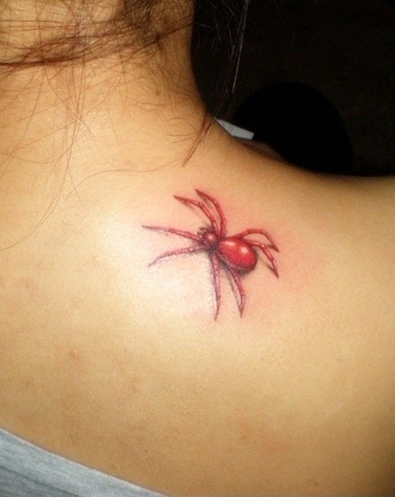 点击大图看下一张：女性肩部红蜘蛛刺青