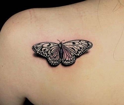 点击大图看下一张：女性肩部蝴蝶纹身