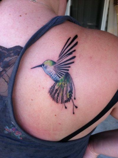 点击大图看下一张：女性肩部漂亮的小鸟纹身