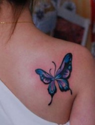女人喜欢的肩部彩色蝴蝶纹身图片