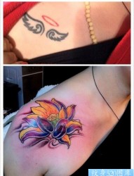 女人肩膀处好看的莲花纹身图片