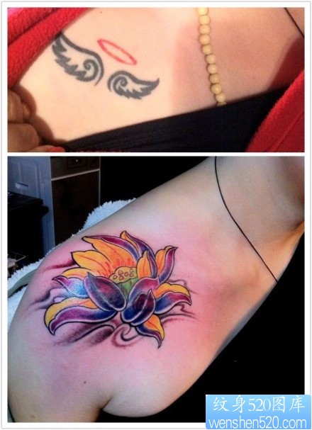 点击大图看下一张：女人肩膀处好看的莲花纹身图片