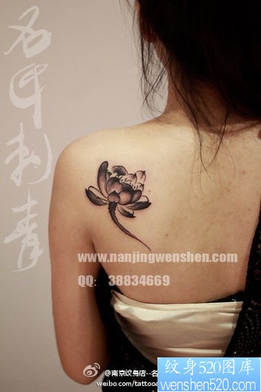 点击大图看下一张：女人后肩背流行唯美的黑白写意莲花纹身图片
