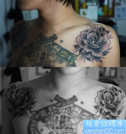 点击大图看下一张：男人肩膀处好看精美的黑灰玫瑰花纹身图片