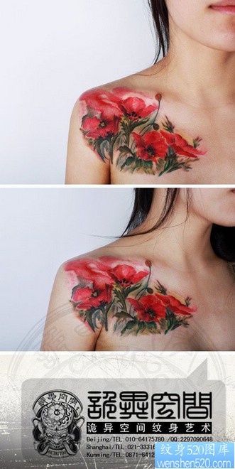 点击大图看下一张：女人肩膀处精美时尚的罂粟花纹身图片