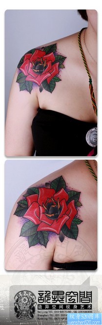 点击大图看下一张：女人肩膀处唯美好看的玫瑰花纹身图片