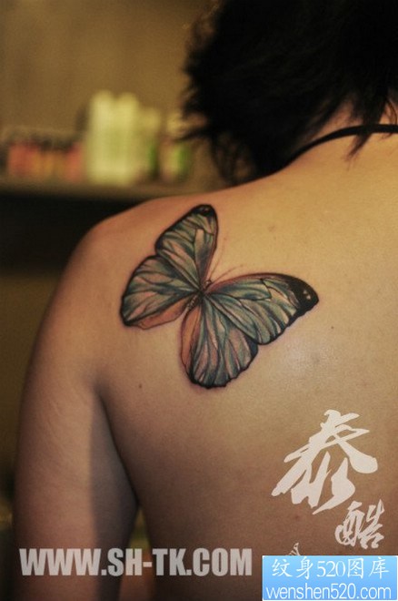 点击大图看下一张：女人肩背唯美潮流的彩色蝴蝶纹身图片
