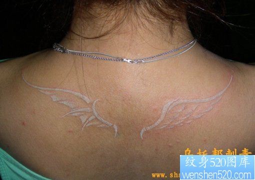 点击大图看下一张：女人肩部一幅白色翅膀纹身图片