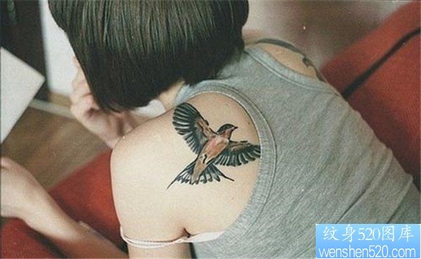 点击大图看下一张：女人肩背燕子纹身图案