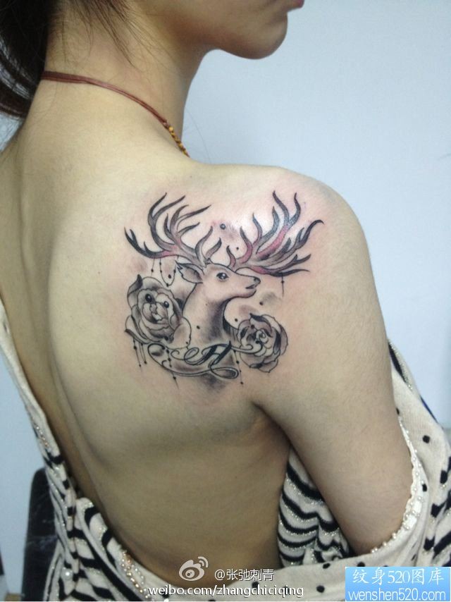 点击大图看下一张:女性肩背羚羊玫瑰花纹身图案