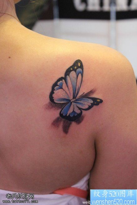 点击大图看下一张：女性肩部彩色3D蝴蝶纹身图案