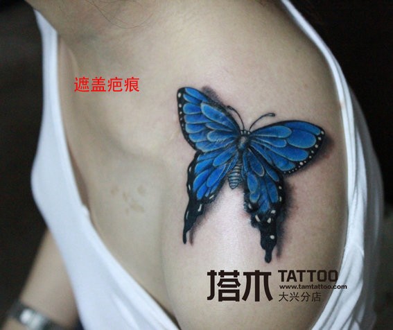 点击大图看下一张：蝴蝶遮盖疤痕纹身图2