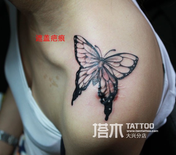 点击大图看下一张：蝴蝶遮盖疤痕纹身