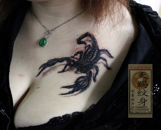 点击大图看下一张：女性胸前上方蝎子刺青作品