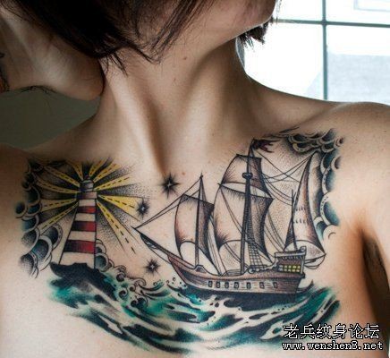点击大图看下一张：胸口纹身图片：美女胸口帆船纹身图片作品