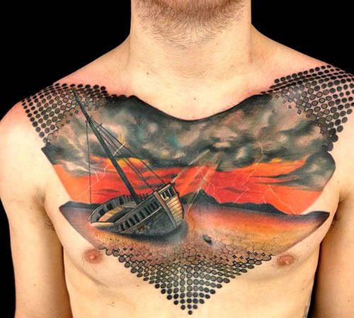点击大图看下一张:纹身520图库推荐一组前胸帆船纹身图片图3