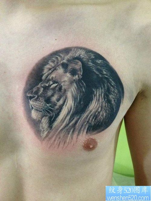 点击大图看下一张：男生胸前超帅经典的狮头纹身图片