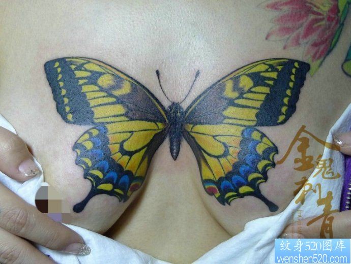 点击大图看下一张：专业纹身：超有创意的一幅美女胸部蝴蝶文身图片